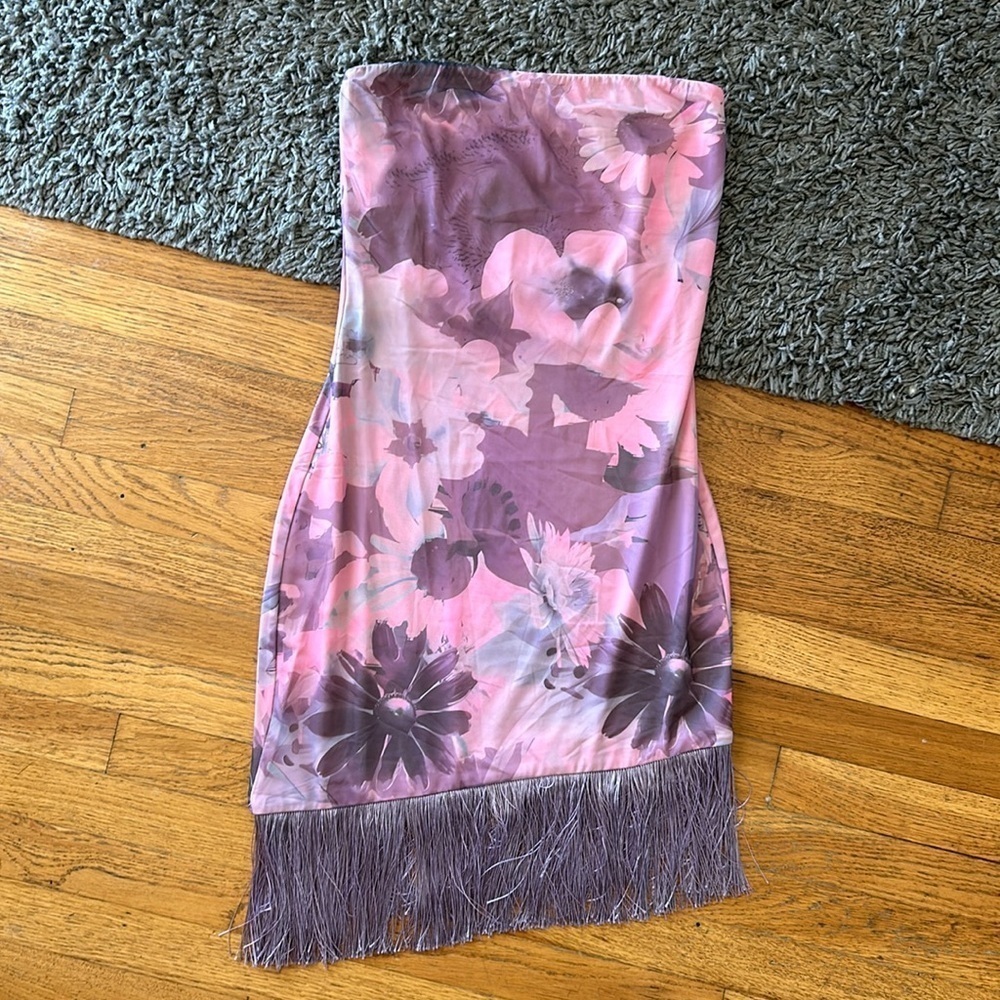 NWOT Princess Polly Curve Pink & Purple Strapless Floral Fringe Trim Mini Dress